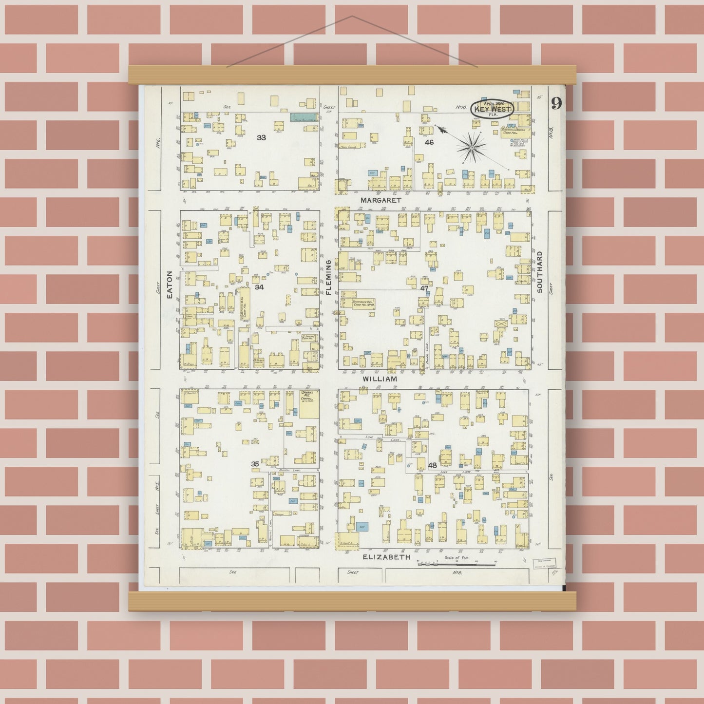 Old map wall art mockup — magnetic wood frame on brick wall — Sanborn Fire Insurance Map from Key West, Monroe County, Florida (1892), Sheet #0009