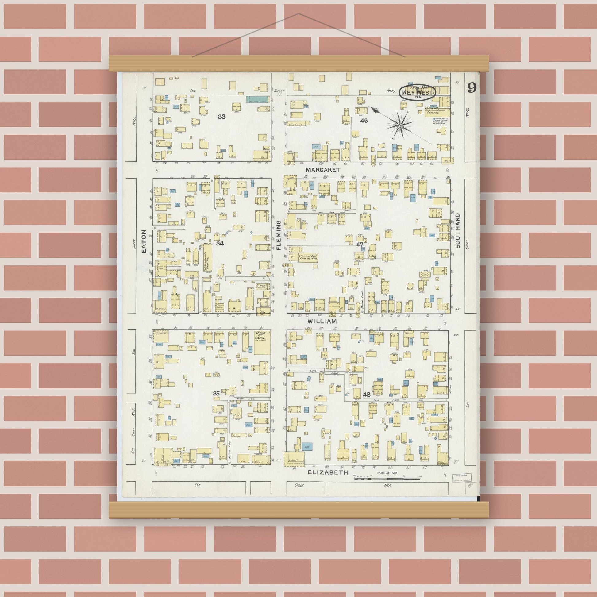 Old map wall art mockup — magnetic wood frame on brick wall — Sanborn Fire Insurance Map from Key West, Monroe County, Florida (1892), Sheet #0009
