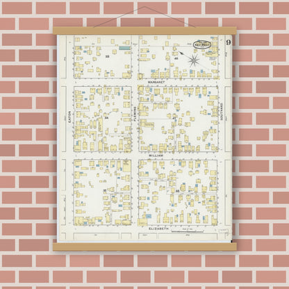 Old map wall art mockup — magnetic wood frame on brick wall — Sanborn Fire Insurance Map from Key West, Monroe County, Florida (1892), Sheet #0009