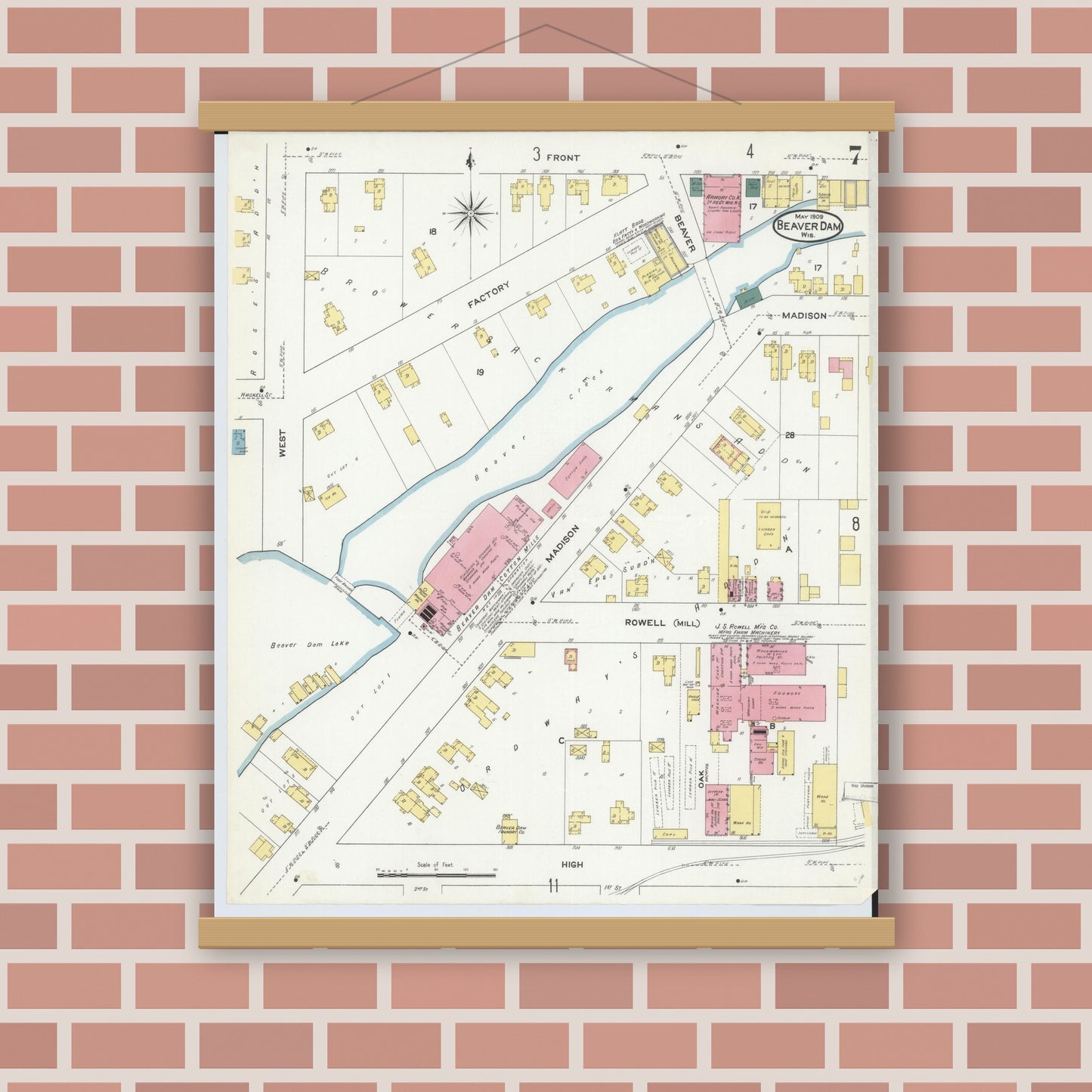 Old map wall art mockup — magnetic wood frame on brick wall — Sanborn Fire Insurance Map from Beaver Dam, Dodge County, Wisconsin (1909), Sheet #0007