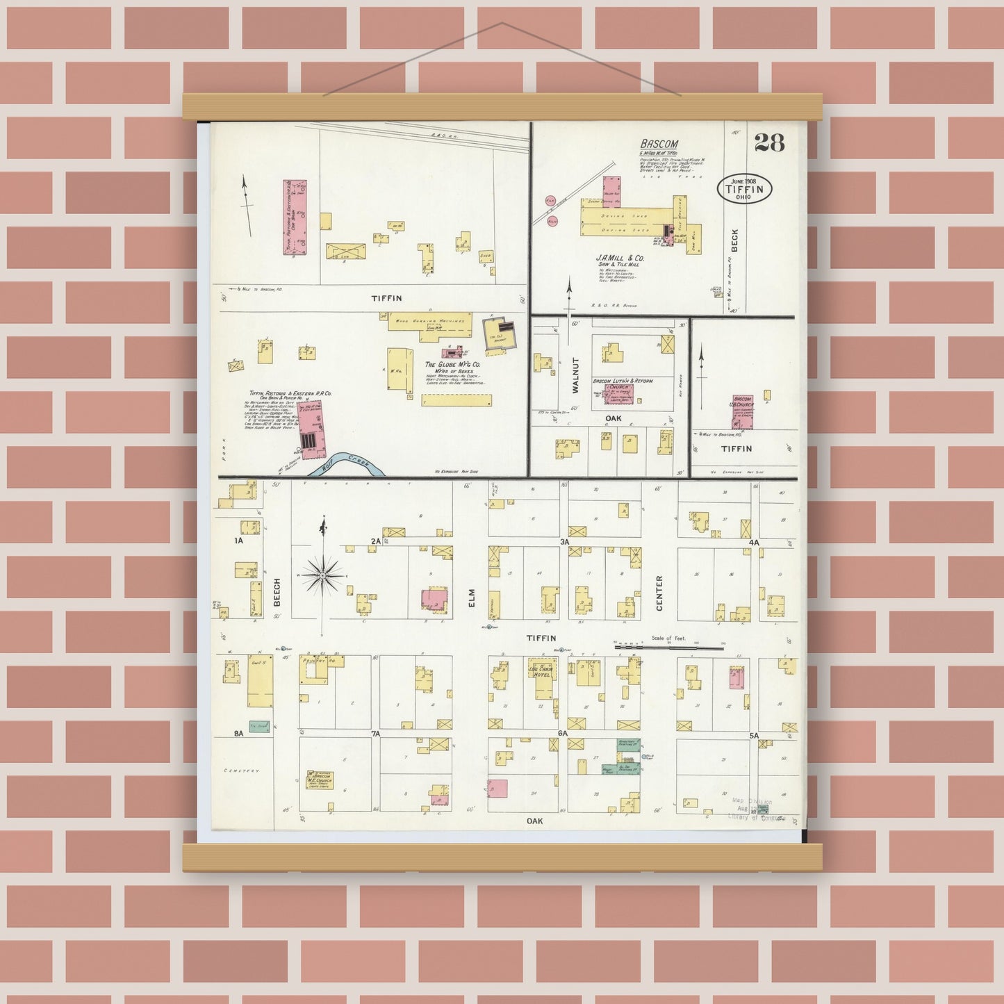Old map wall art mockup — magnetic wood frame on brick wall — Sanborn Fire Insurance Map from Tiffin, Seneca County, Ohio (1908), Sheet #0028