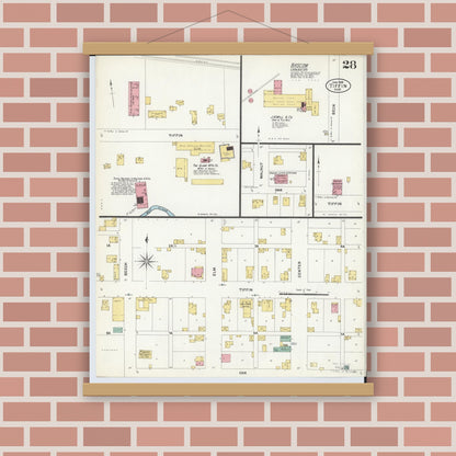 Old map wall art mockup — magnetic wood frame on brick wall — Sanborn Fire Insurance Map from Tiffin, Seneca County, Ohio (1908), Sheet #0028