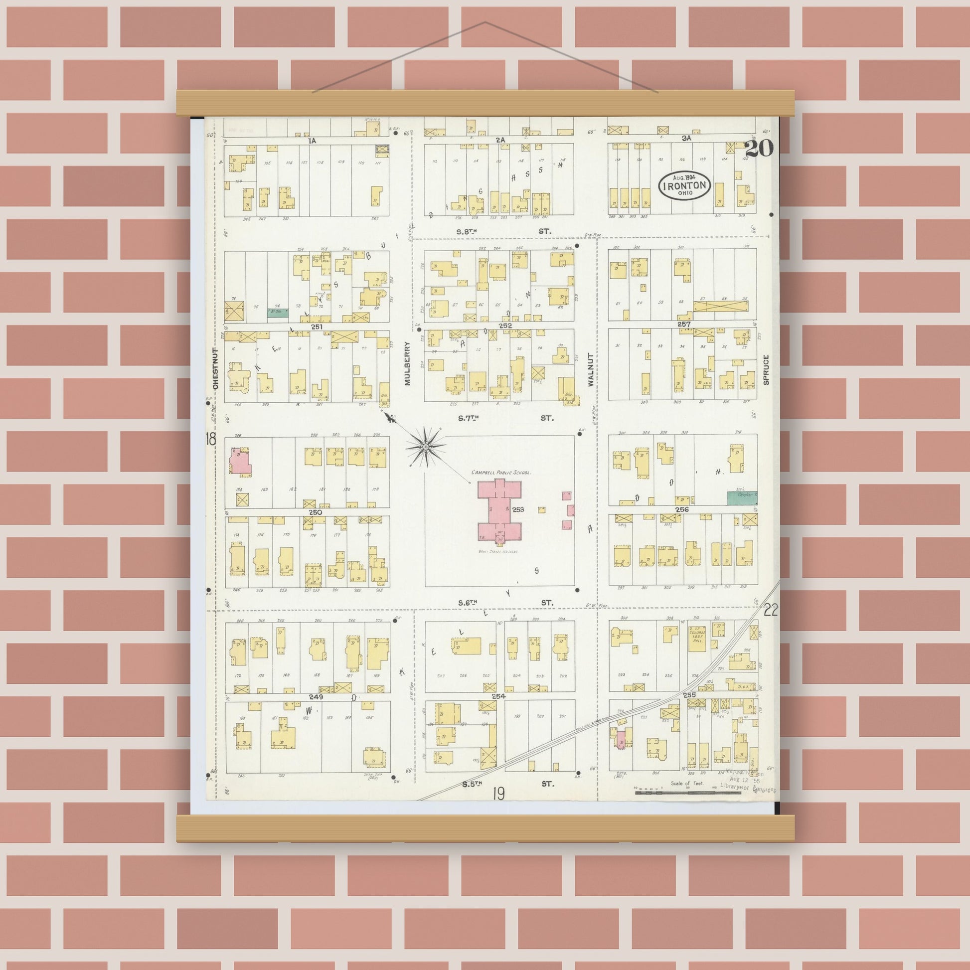 Old map wall art mockup — magnetic wood frame on brick wall — Sanborn Fire Insurance Map from Ironton, Lawrence County, Ohio (1904), Sheet #0020