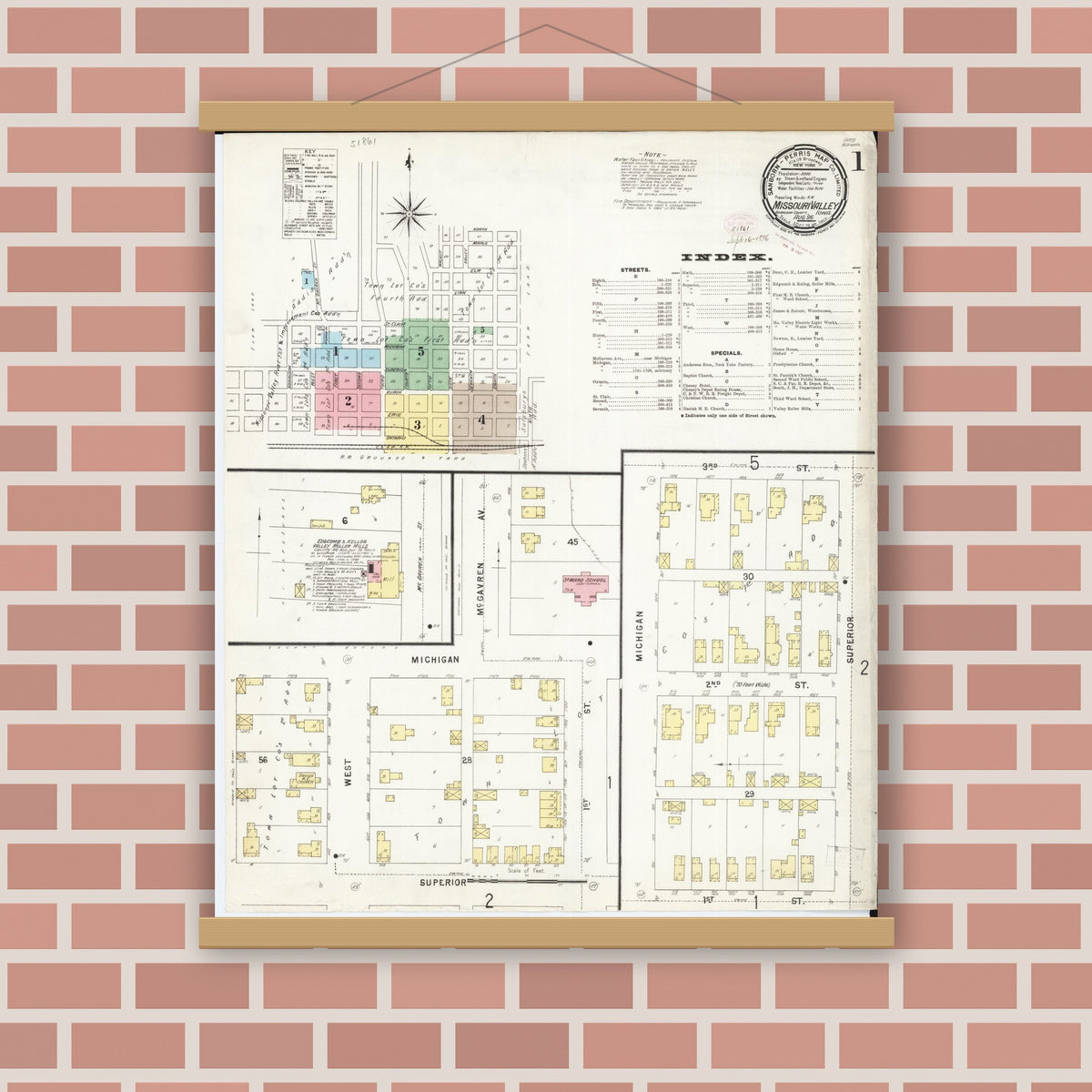 Old map wall art mockup — magnetic wood frame on brick wall — Sanborn Fire Insurance Map from Missouri Valley, Harrison County, Iowa (1896) â€” Complete Set