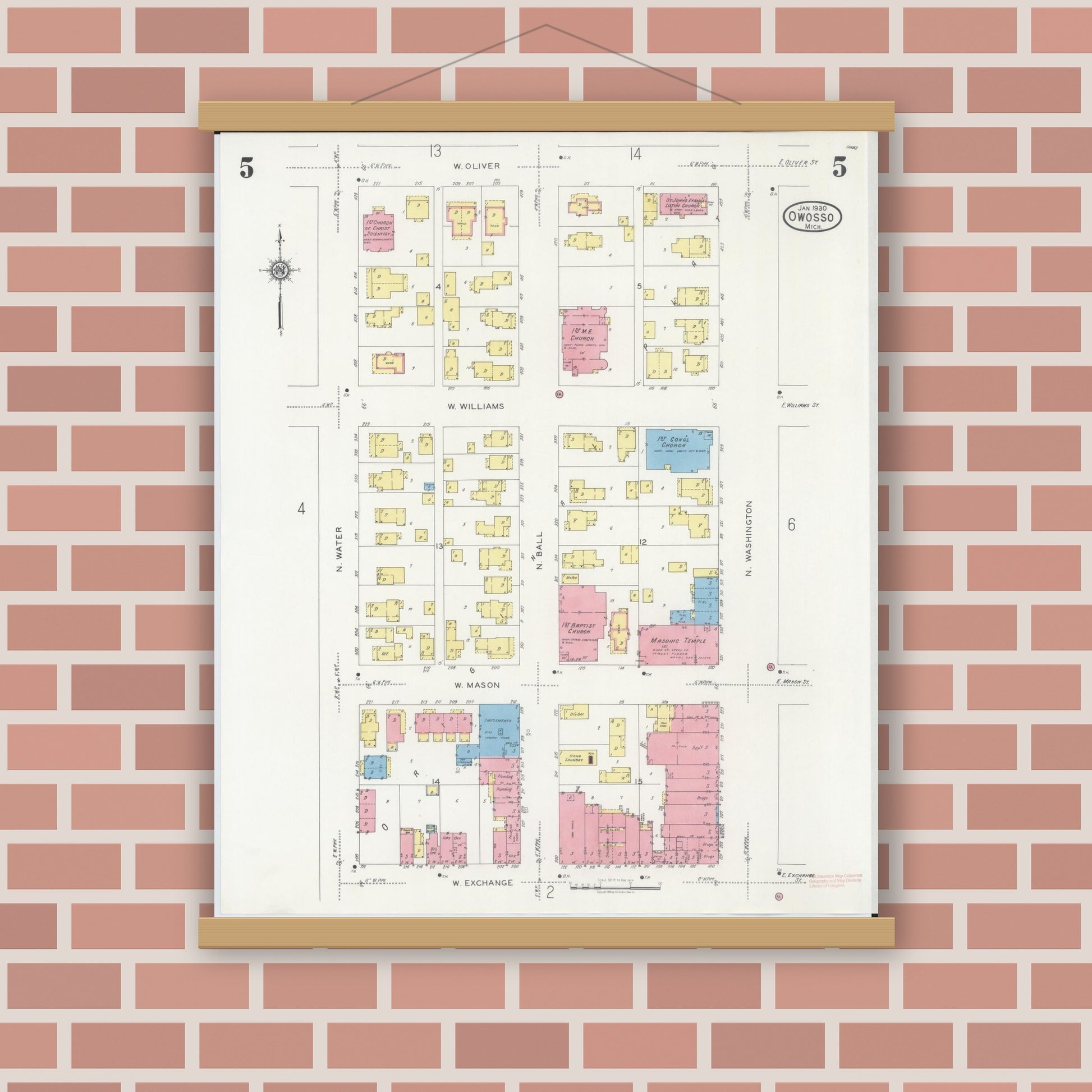 Old map wall art mockup — magnetic wood frame on brick wall — Sanborn Fire Insurance Map from Owosso, Shiawassee County, Michigan (1930), Sheet #0005