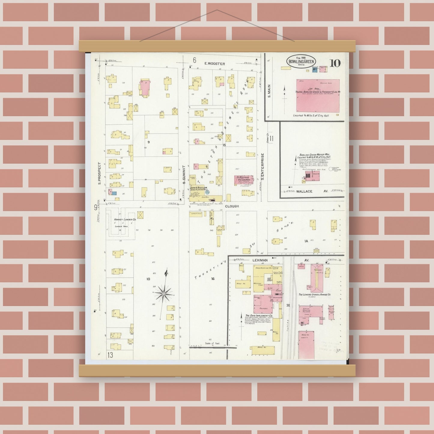 Old map wall art mockup — magnetic wood frame on brick wall — Sanborn Fire Insurance Map from Bowling Green, Wood County, Ohio (1908), Sheet #0010