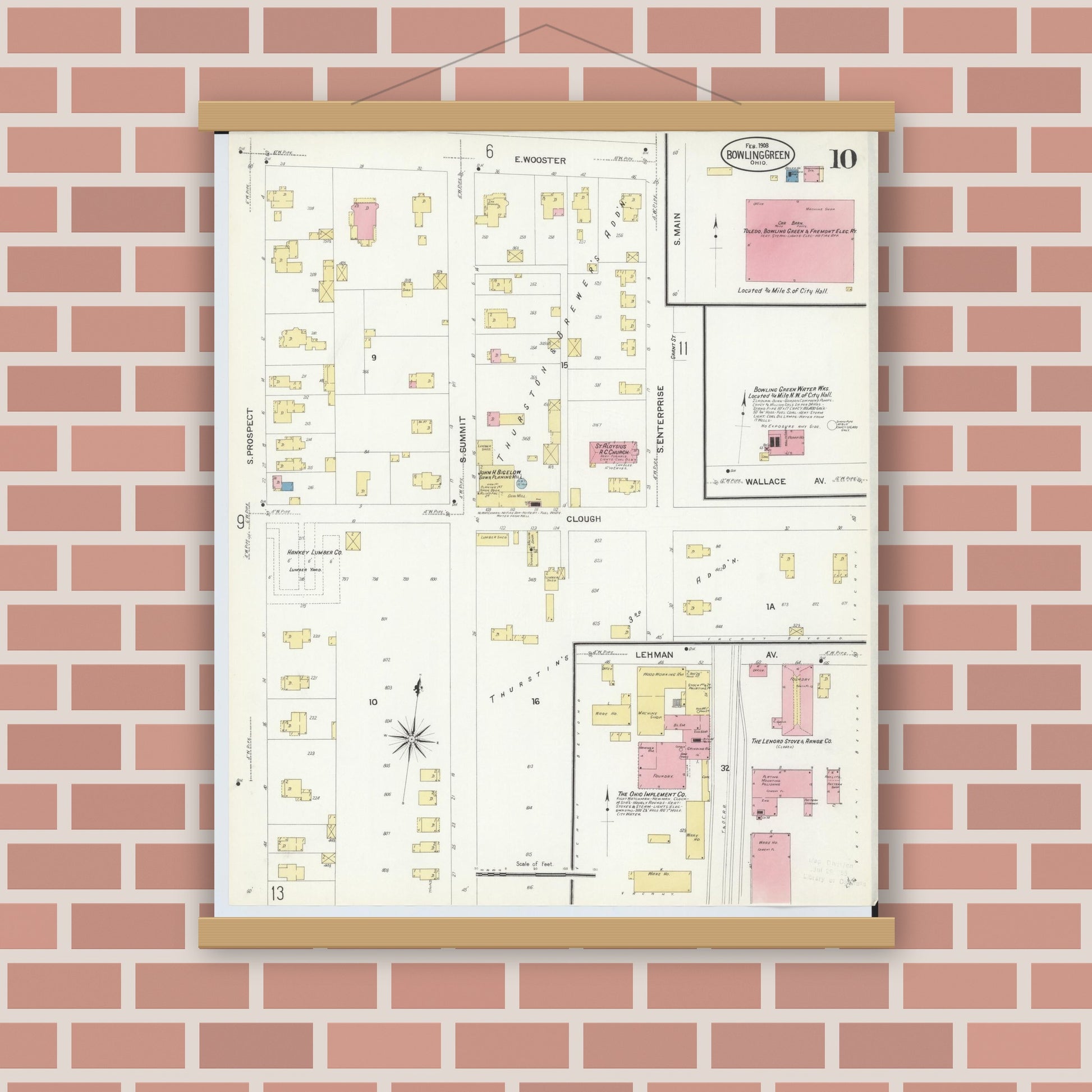 Old map wall art mockup — magnetic wood frame on brick wall — Sanborn Fire Insurance Map from Bowling Green, Wood County, Ohio (1908), Sheet #0010