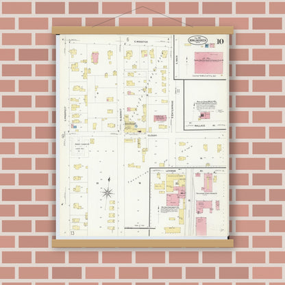 Old map wall art mockup — magnetic wood frame on brick wall — Sanborn Fire Insurance Map from Bowling Green, Wood County, Ohio (1908), Sheet #0010