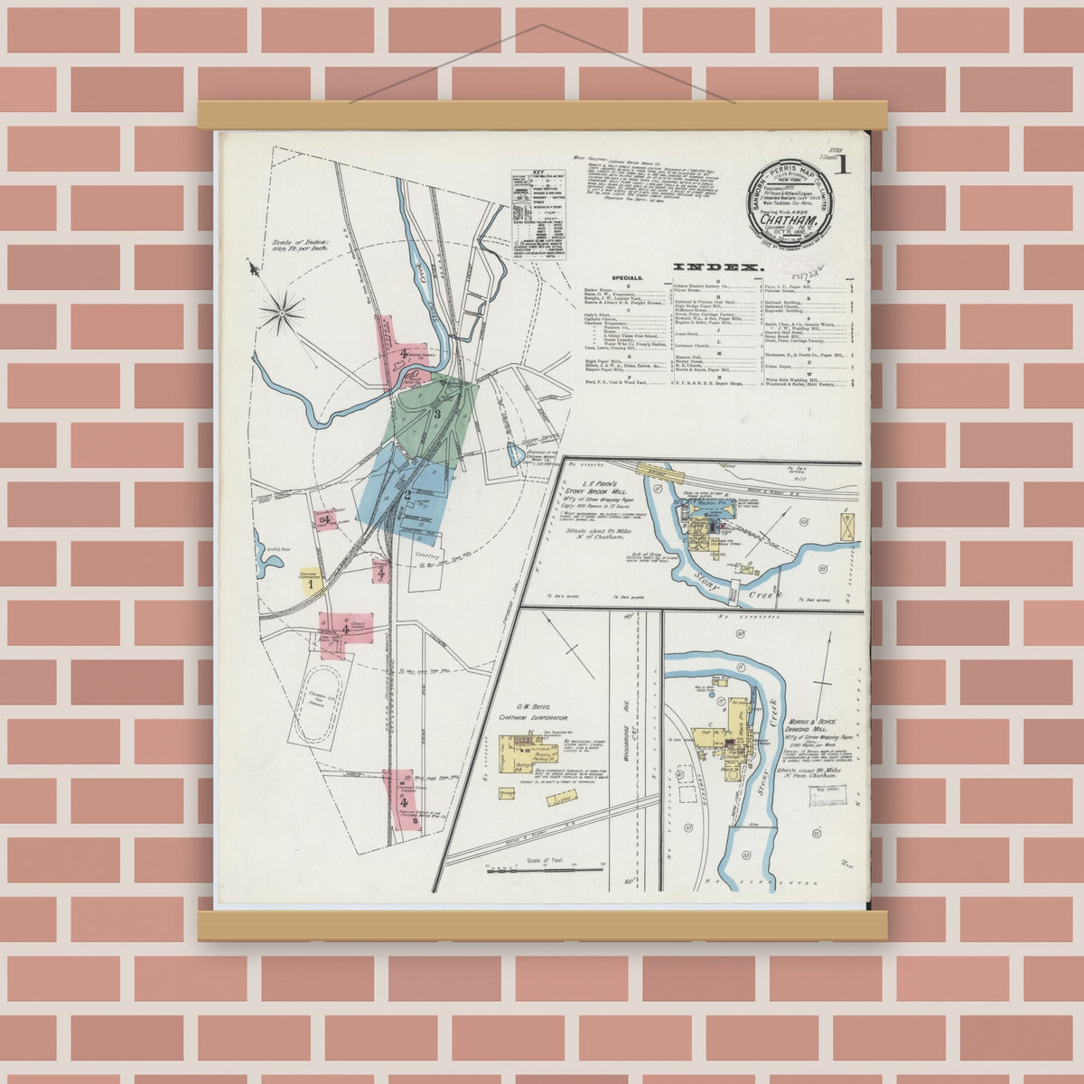 Old map wall art mockup — magnetic wood frame on brick wall — Sanborn Fire Insurance Map from Chatham, Columbia County, New York (1892), Sheet #0001