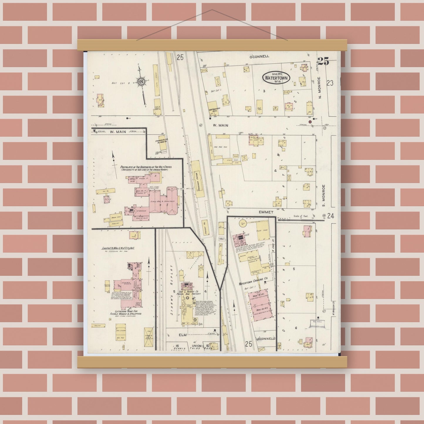 Old map wall art mockup — magnetic wood frame on brick wall — Sanborn Fire Insurance Map from Watertown, Jefferson County, Wisconsin (1915), Sheet #0026