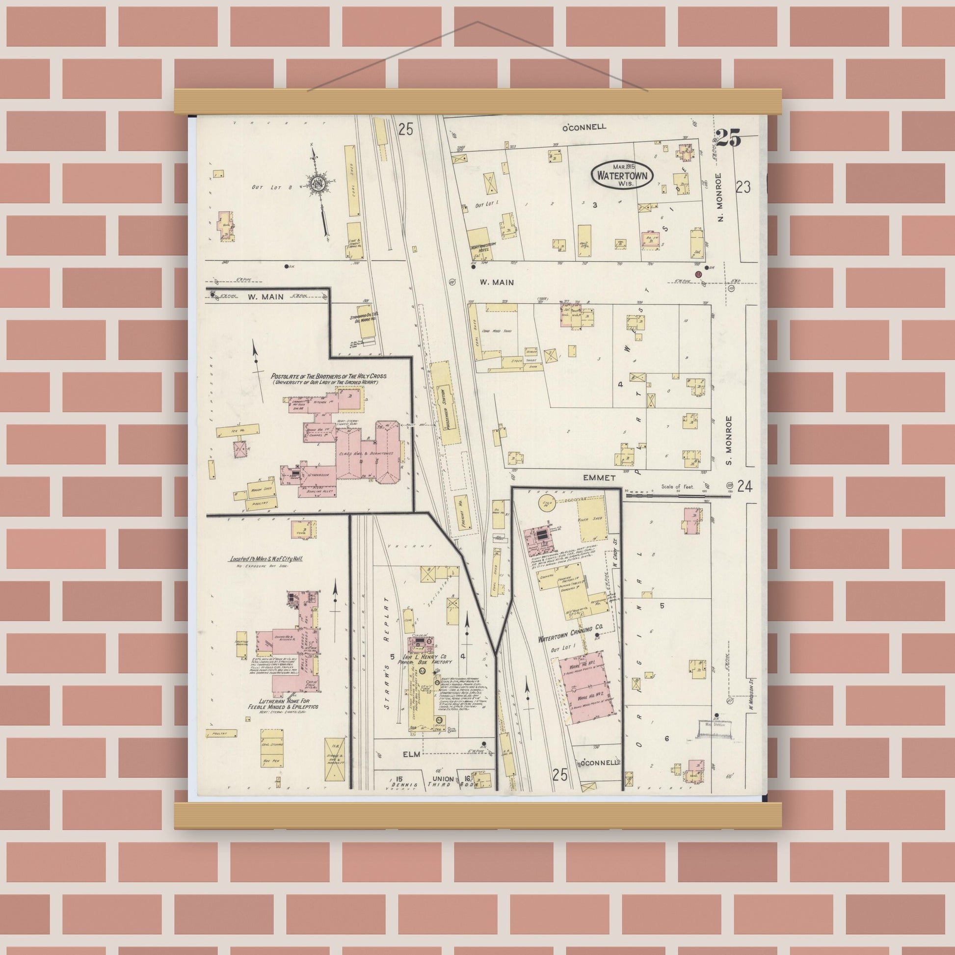 Old map wall art mockup — magnetic wood frame on brick wall — Sanborn Fire Insurance Map from Watertown, Jefferson County, Wisconsin (1915), Sheet #0026