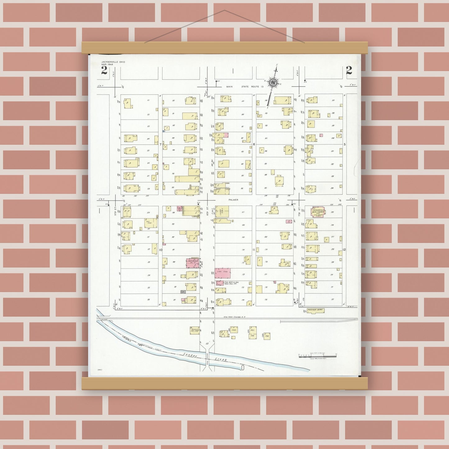Old map wall art mockup — magnetic wood frame on brick wall — Sanborn Fire Insurance Map from Jacksonville, Athens County, Ohio (1948), Sheet #0002