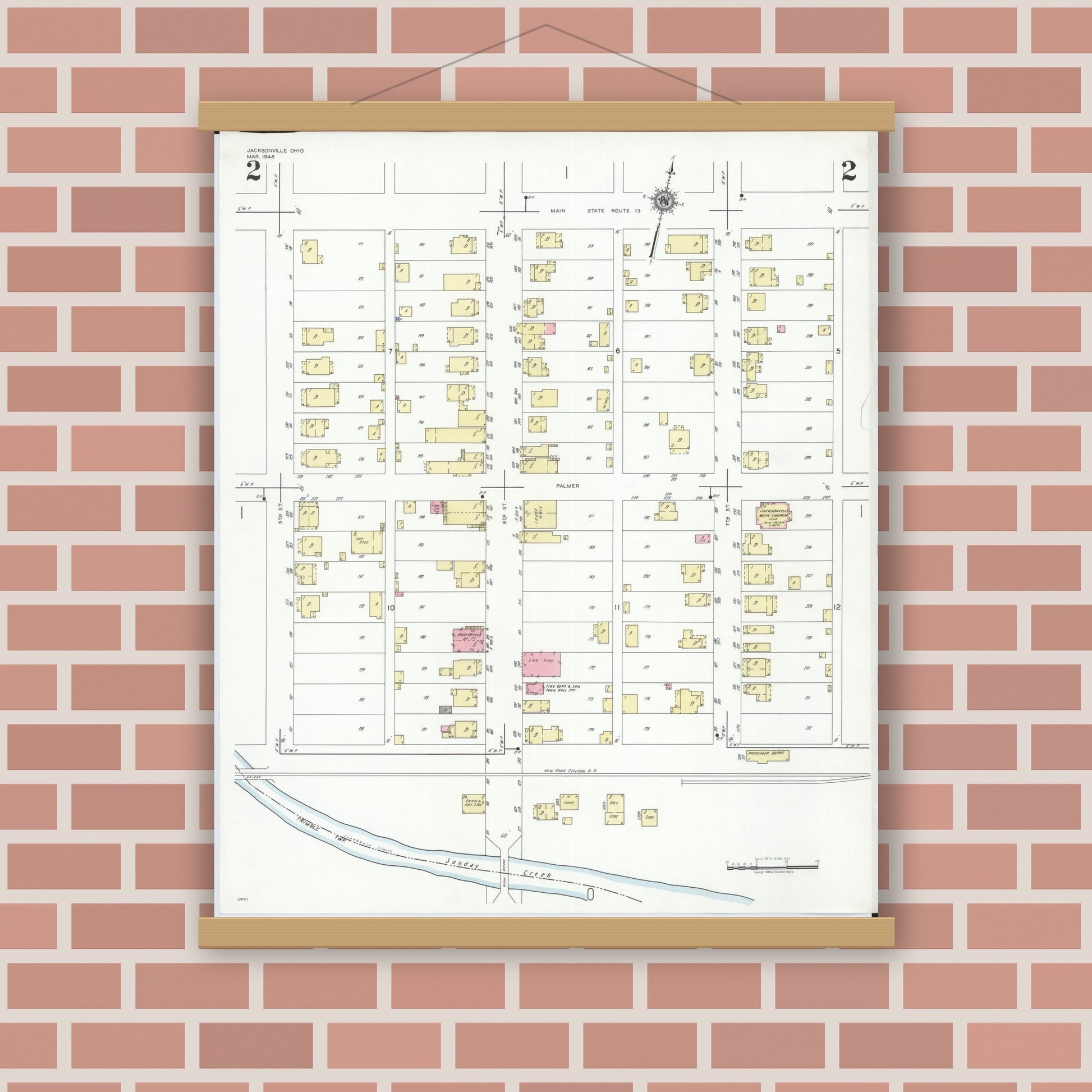 Old map wall art mockup — magnetic wood frame on brick wall — Sanborn Fire Insurance Map from Jacksonville, Athens County, Ohio (1948), Sheet #0002