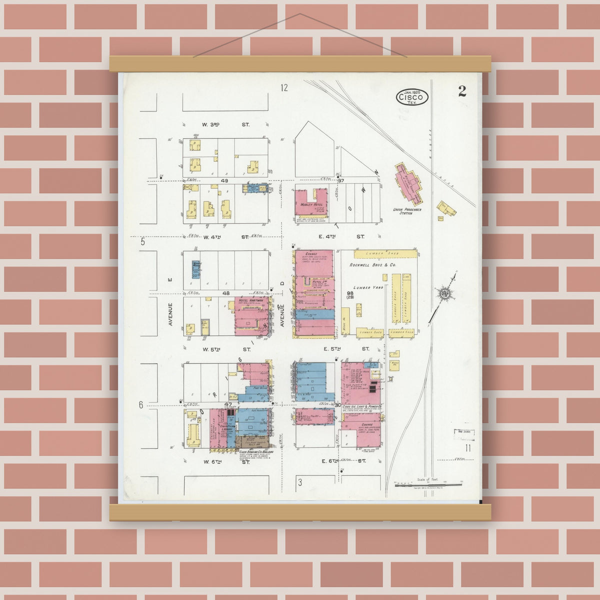 Old map wall art mockup — magnetic wood frame on brick wall — Sanborn Fire Insurance Map from Cisco, Eastland County, Texas (1920), Sheet #0002