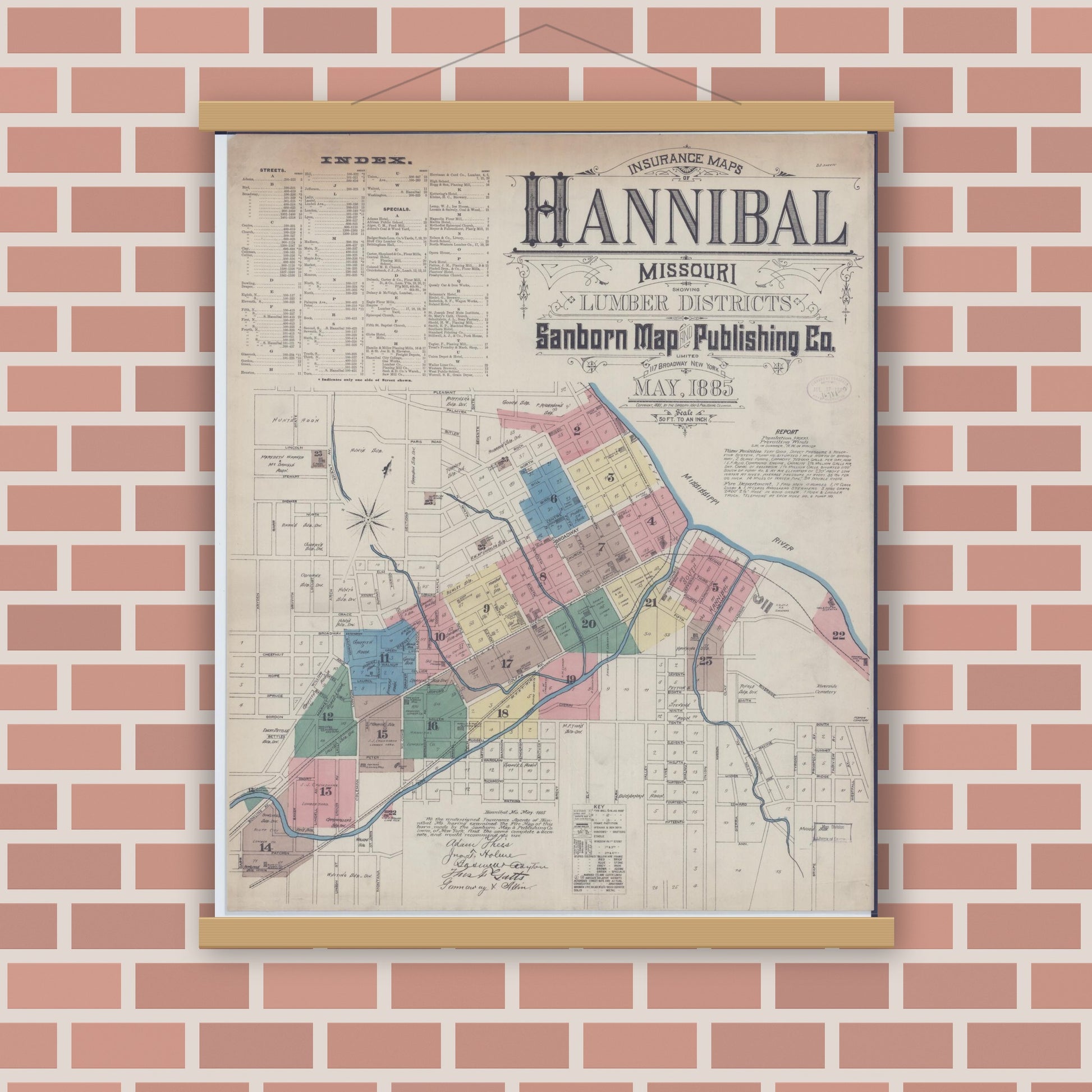 Old map wall art mockup — magnetic wood frame on brick wall — Sanborn Fire Insurance Map from Hannibal, Marion County, Missouri (1885), Sheet #0001