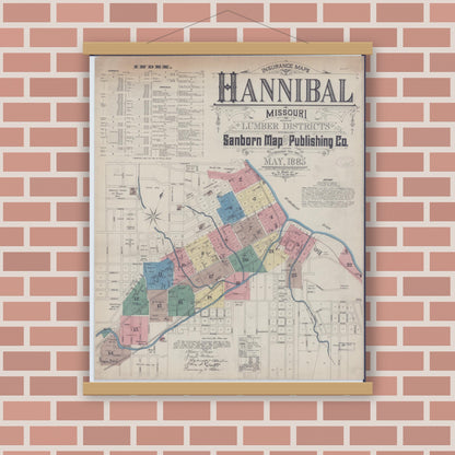 Old map wall art mockup — magnetic wood frame on brick wall — Sanborn Fire Insurance Map from Hannibal, Marion County, Missouri (1885), Sheet #0001