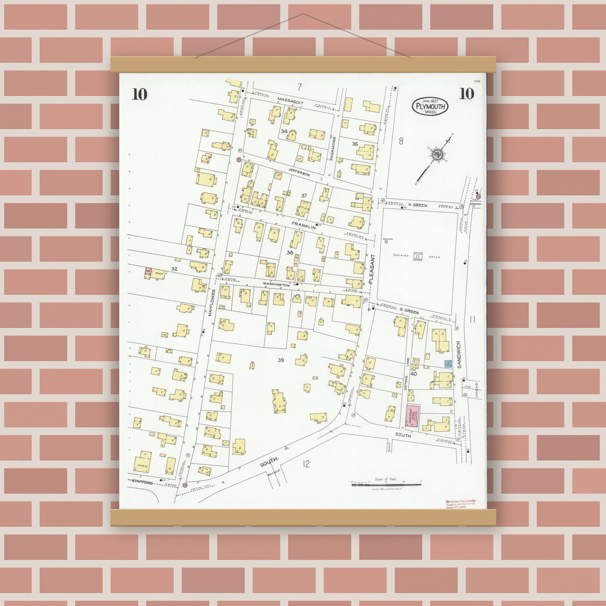 Old map wall art mockup — magnetic wood frame on brick wall — Sanborn Fire Insurance Map from Plymouth, Plymouth County, Massachusetts (1927), Sheet #0010