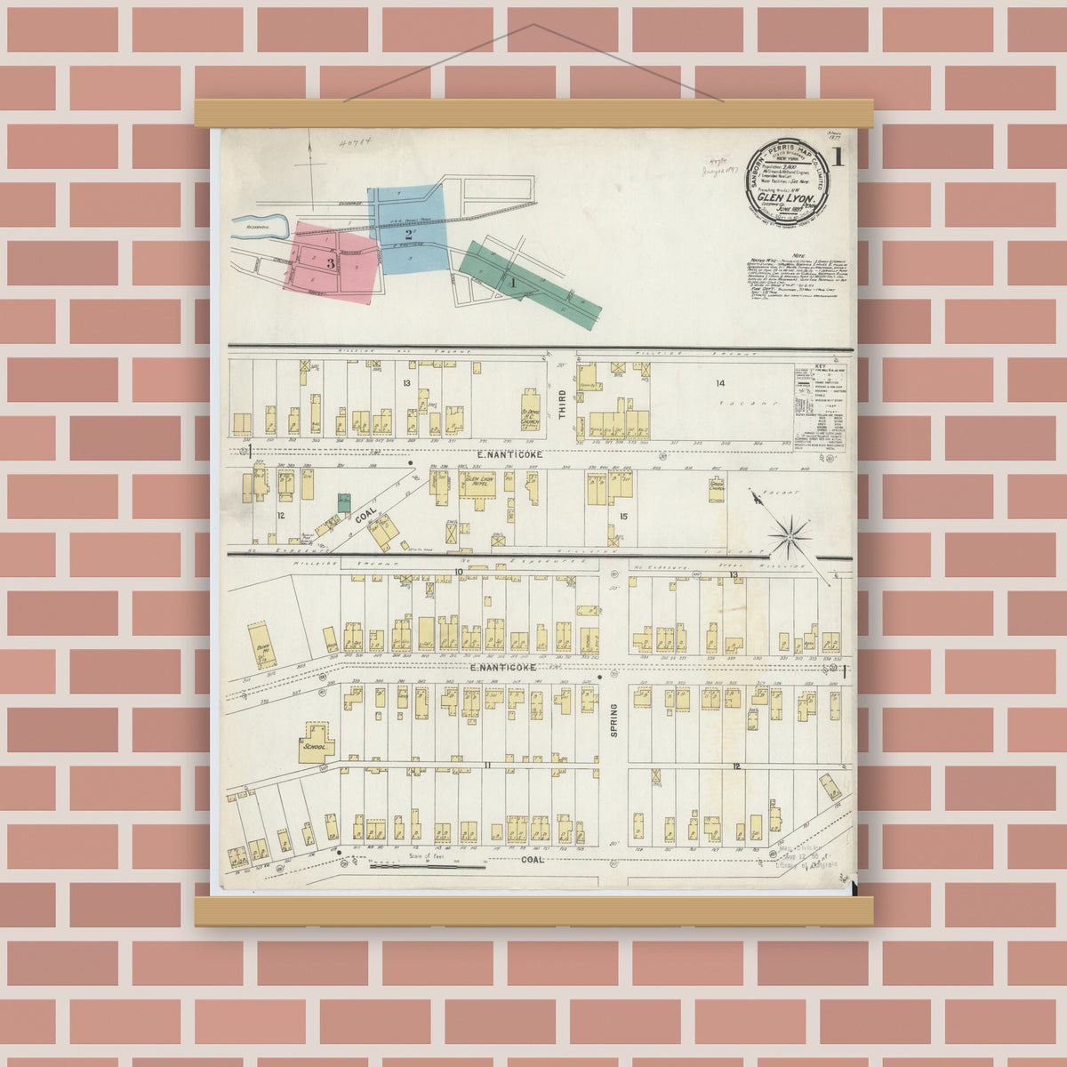 Old map wall art mockup — magnetic wood frame on brick wall — Sanborn Fire Insurance Map from Glen Lyon, Luzerne County, Pennsylvania (1897) - Complete Map Set