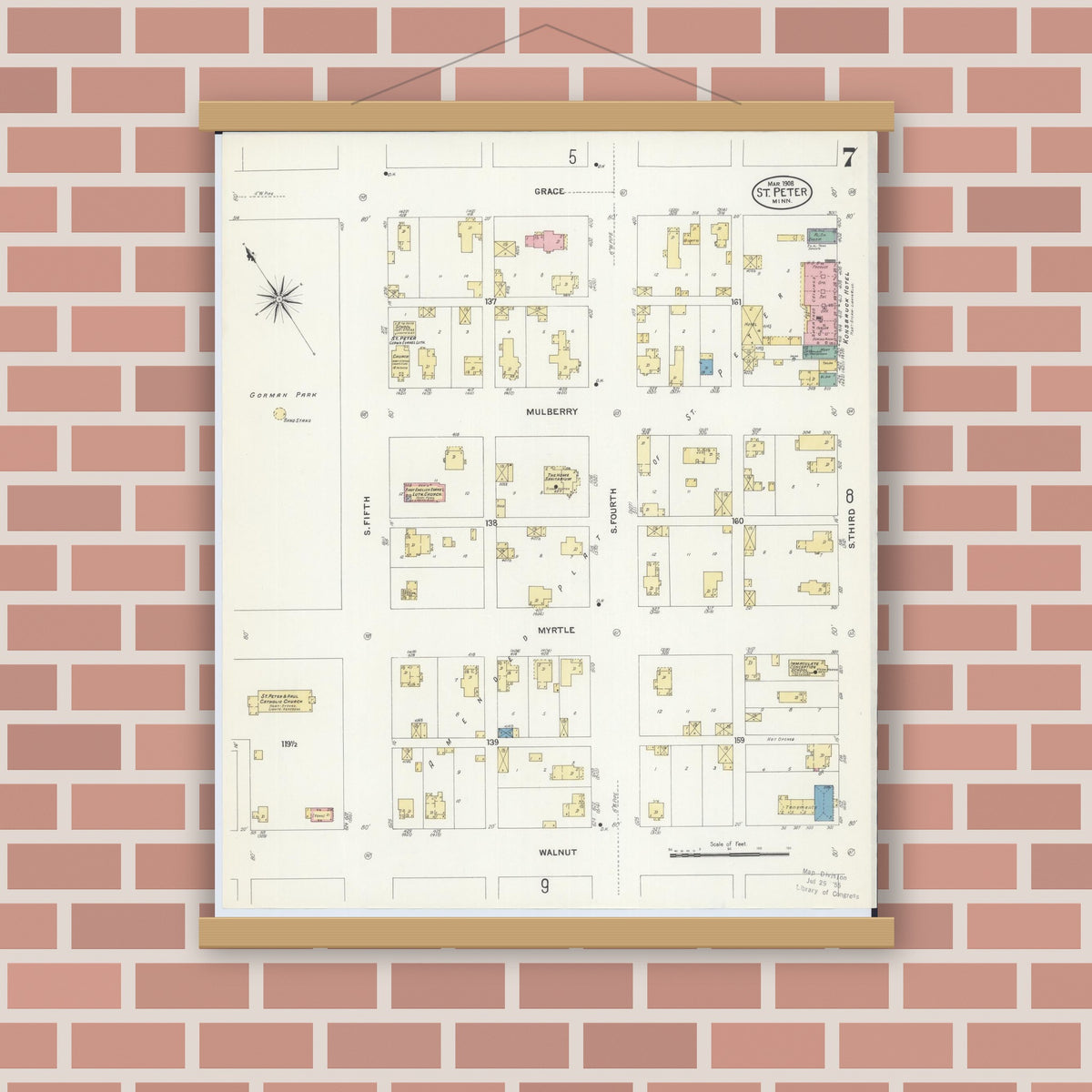 Old map wall art mockup — magnetic wood frame on brick wall — Sanborn Fire Insurance Map from Saint Peter, Nicollet County, Minnesota (1908), Sheet #0007
