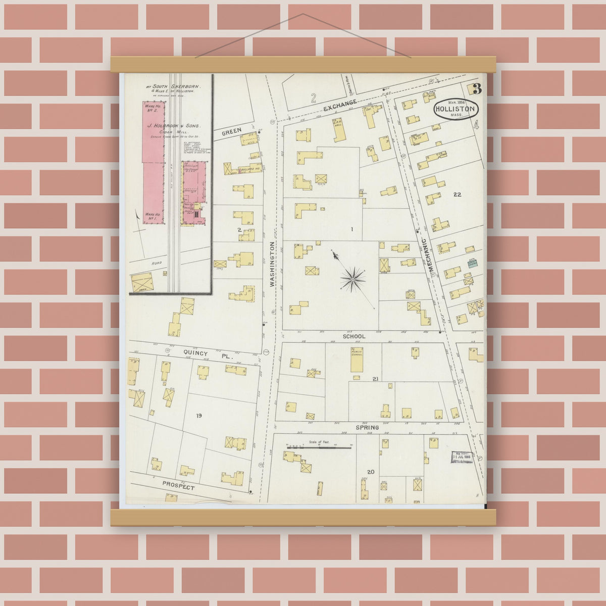 Old map wall art mockup — magnetic wood frame on brick wall — Sanborn Fire Insurance Map from Holliston, Middlesex County, Massachusetts (1894), Sheet #0003