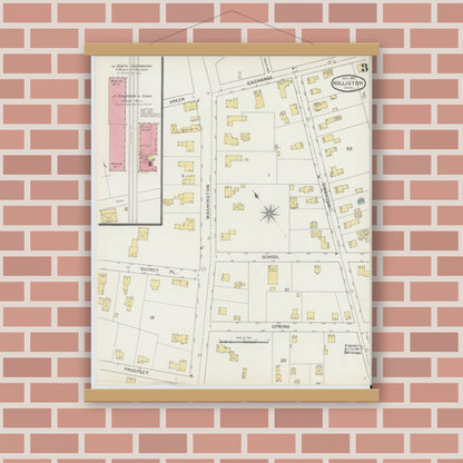 Old map wall art mockup — magnetic wood frame on brick wall — Sanborn Fire Insurance Map from Holliston, Middlesex County, Massachusetts (1894), Sheet #0003