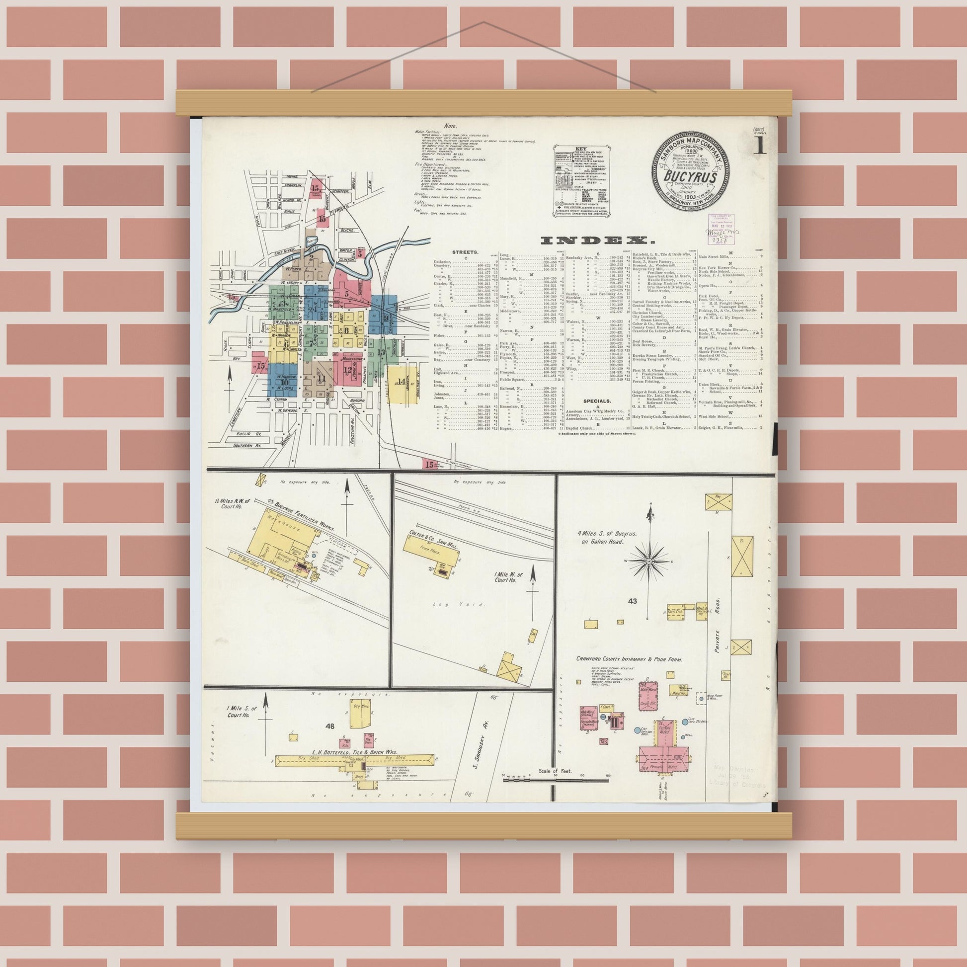 Old map wall art mockup — magnetic wood frame on brick wall — Sanborn Fire Insurance Map from Bucyrus, Crawford County, Ohio (1903), Sheet #0001