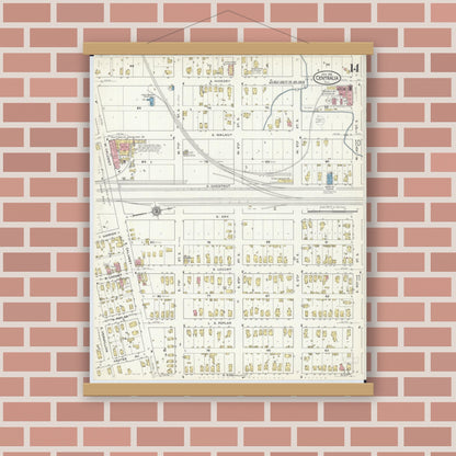 Old map wall art mockup — magnetic wood frame on brick wall — Sanborn Fire Insurance Map from Centralia, Marion, Clinton, Jefferson, and Washington Counties, Illinois (1916), Sheet #0014