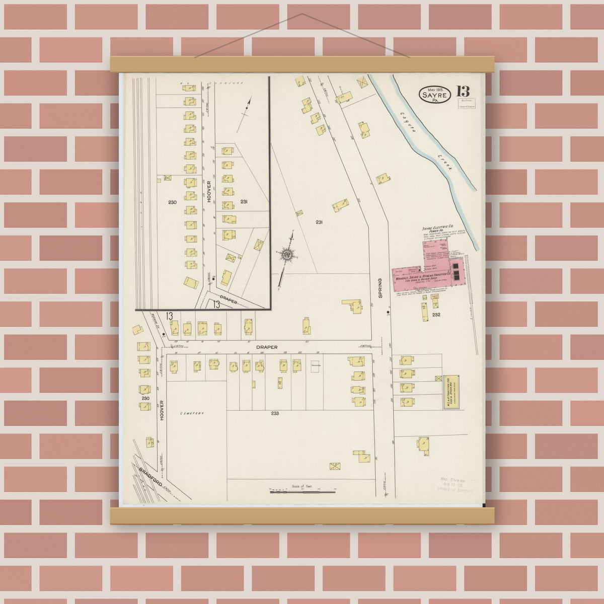 Old map wall art mockup — magnetic wood frame on brick wall — Sanborn Fire Insurance Map from Sayre, Bradford County, Pennsylvania (1915), Sheet #0013