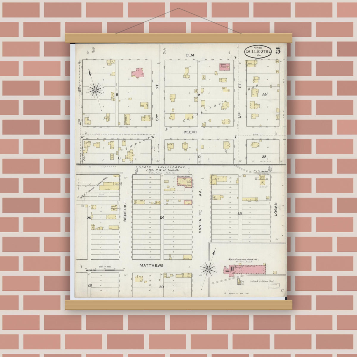 Old map wall art mockup — magnetic wood frame on brick wall — Sanborn Fire Insurance Map from Chillicothe, Peoria County, Illinois (1893), Sheet #0005