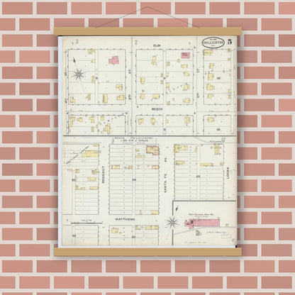 Old map wall art mockup — magnetic wood frame on brick wall — Sanborn Fire Insurance Map from Chillicothe, Peoria County, Illinois (1893), Sheet #0005