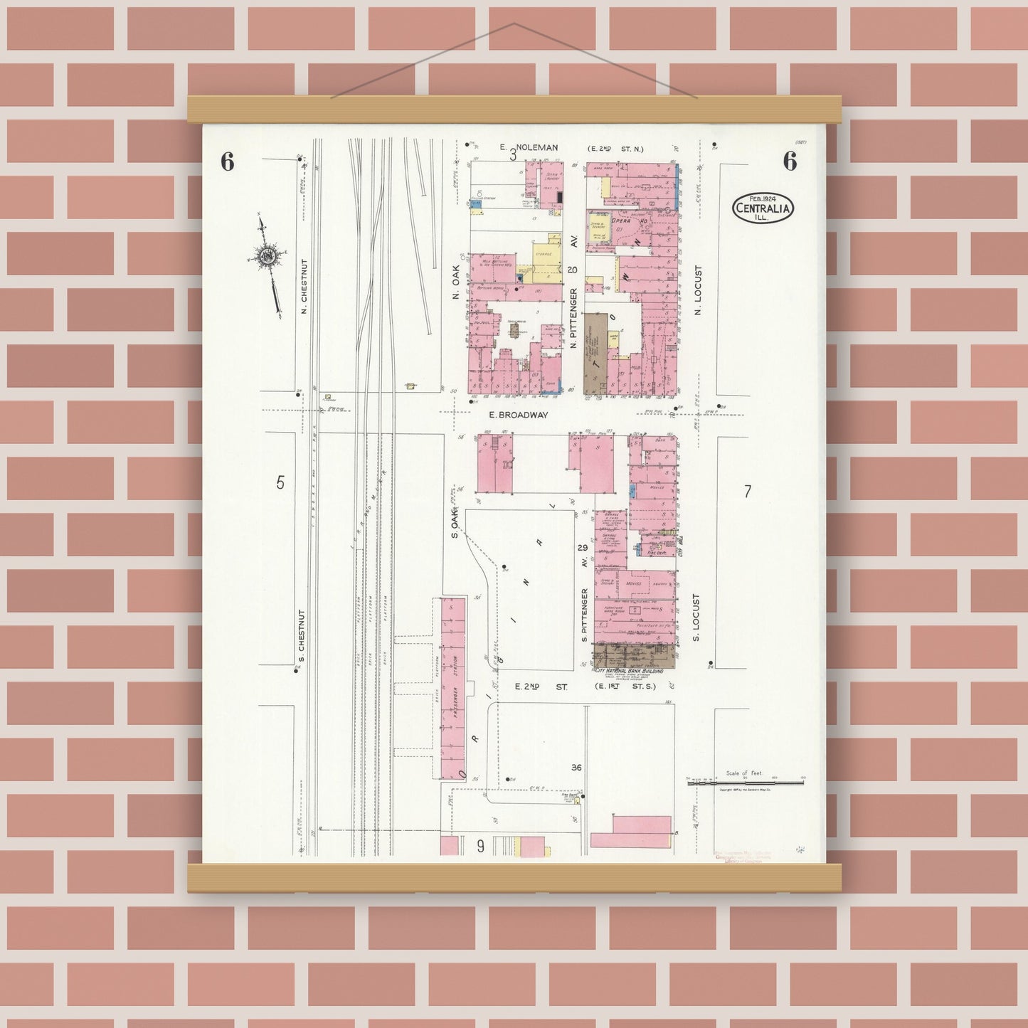Old map wall art mockup — magnetic wood frame on brick wall — Sanborn Fire Insurance Map from Centralia, Marion, Clinton, Jefferson, and Washington Counties, Illinois (1924), Sheet #0006