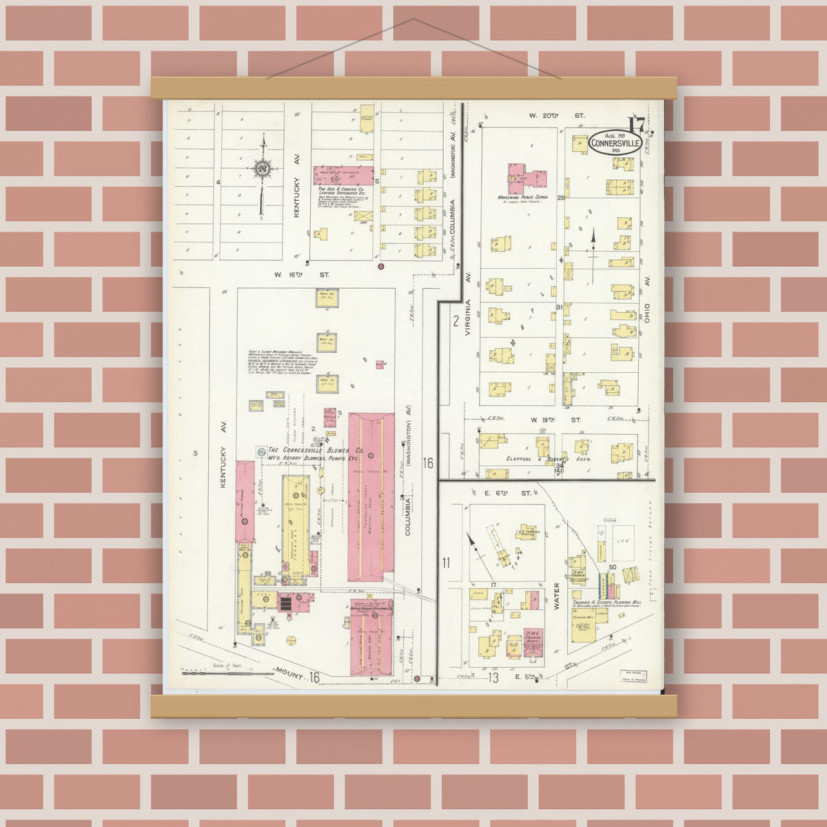 Old map wall art mockup — magnetic wood frame on brick wall — Sanborn Fire Insurance Map from Connersville, Fayette County, Indiana (1913), Sheet #0017