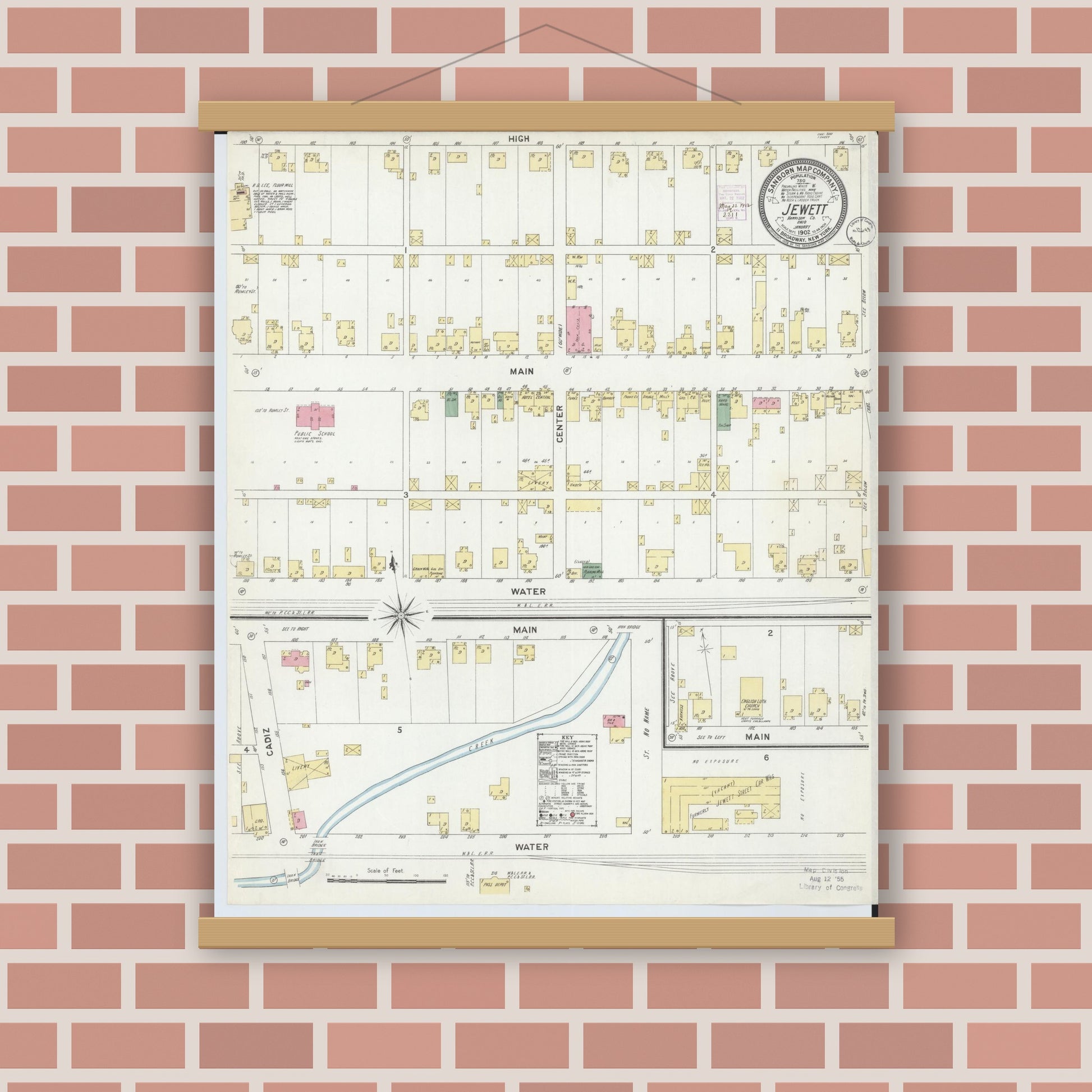 Old map wall art mockup — magnetic wood frame on brick wall — Sanborn Fire Insurance Map from Jewett, Harrison County, Ohio (1902), Sheet #0001