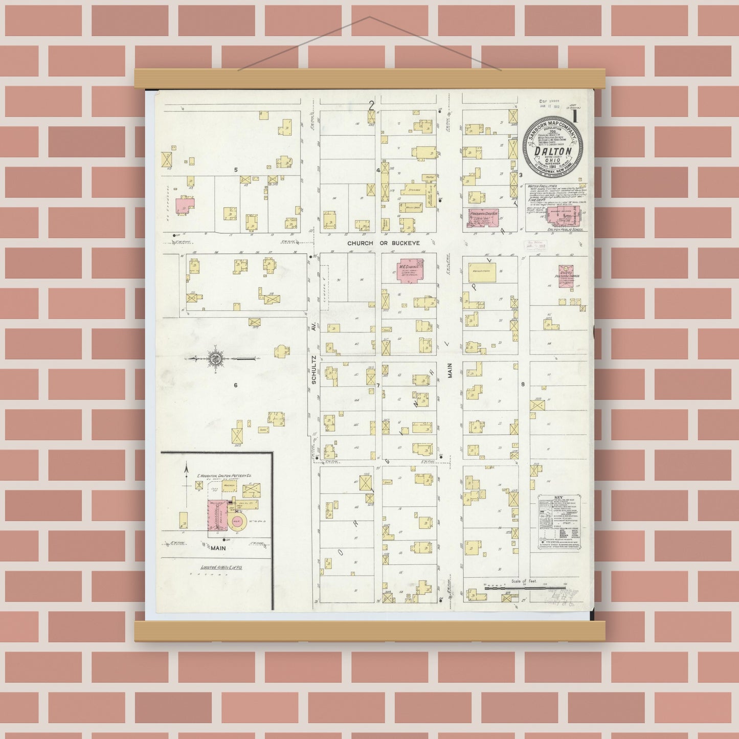 Old map wall art mockup — magnetic wood frame on brick wall — Sanborn Fire Insurance Map from Dalton, Wayne County, Ohio (1911) - Complete Map Set