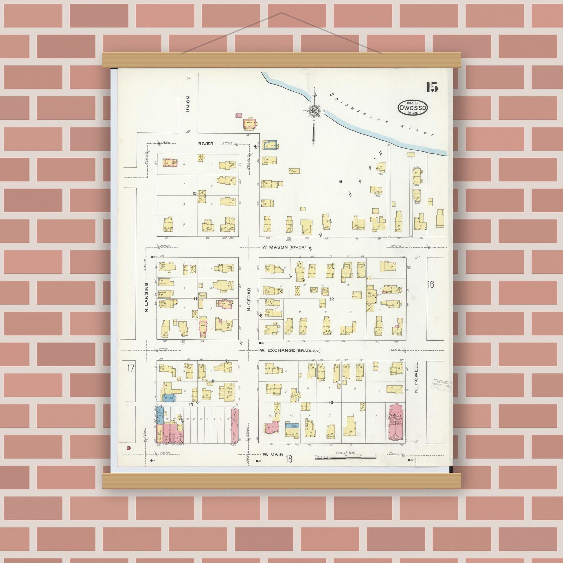 Old map wall art mockup — magnetic wood frame on brick wall — Sanborn Fire Insurance Map from Owosso, Shiawassee County, Michigan (1915), Sheet #0015