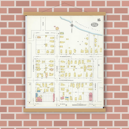 Old map wall art mockup — magnetic wood frame on brick wall — Sanborn Fire Insurance Map from Owosso, Shiawassee County, Michigan (1915), Sheet #0015