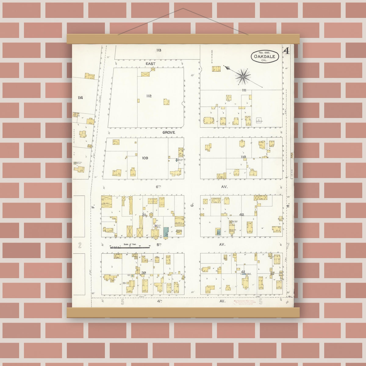 Old map wall art mockup — magnetic wood frame on brick wall — Sanborn Fire Insurance Map from Oakdale, Stanislaus County, California (1895), Sheet #0004