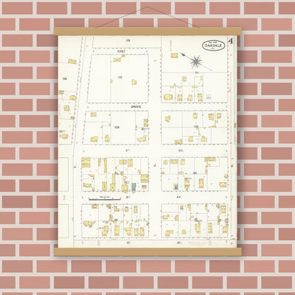 Old map wall art mockup — magnetic wood frame on brick wall — Sanborn Fire Insurance Map from Oakdale, Stanislaus County, California (1895), Sheet #0004