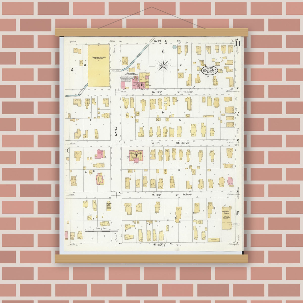 Old map wall art mockup — magnetic wood frame on brick wall — Sanborn Fire Insurance Map from Holland, Ottawa County, Michigan (1908), Sheet #0011