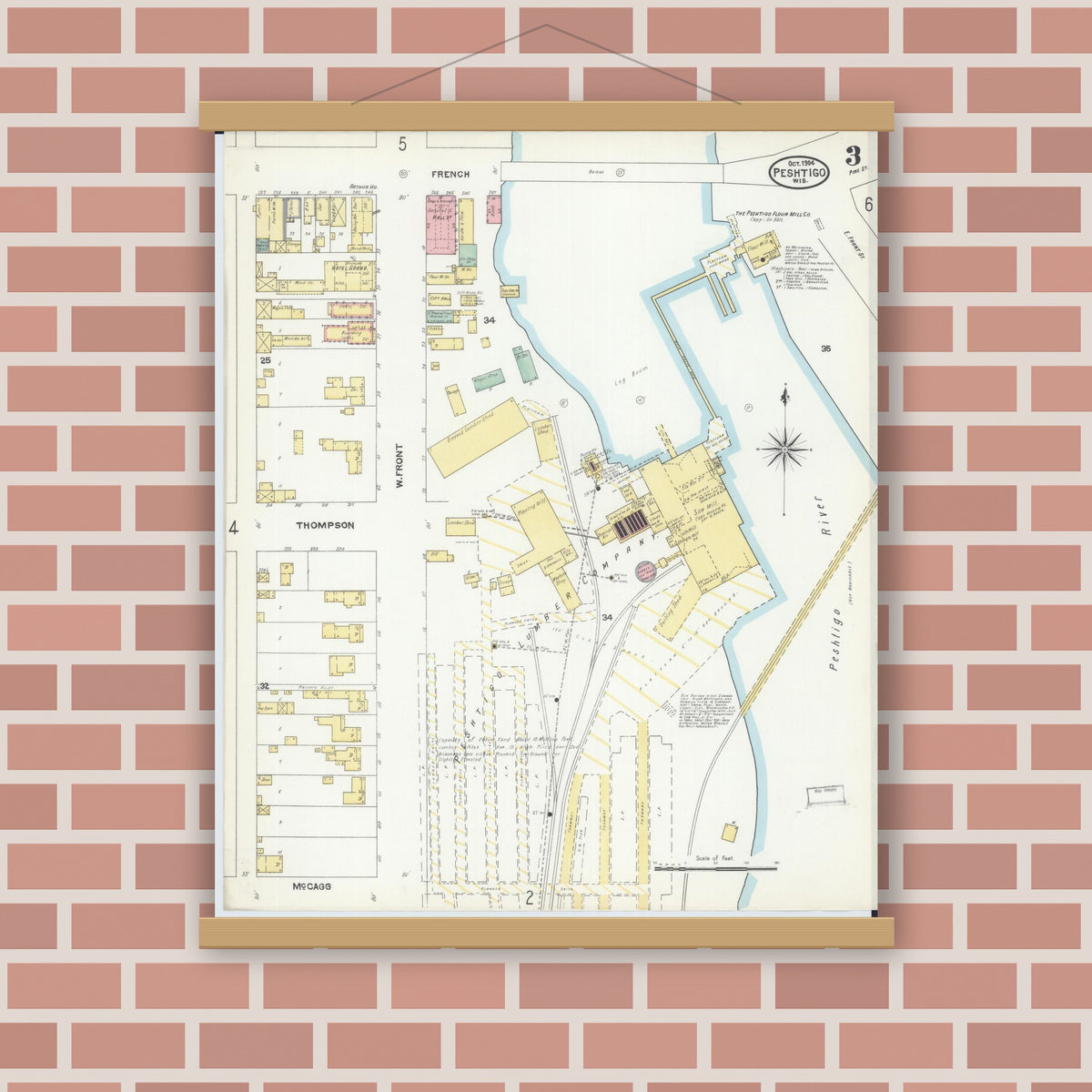 Old map wall art mockup — magnetic wood frame on brick wall — Sanborn Fire Insurance Map from Peshtigo, Marinette County, Wisconsin (1904), Sheet #0003