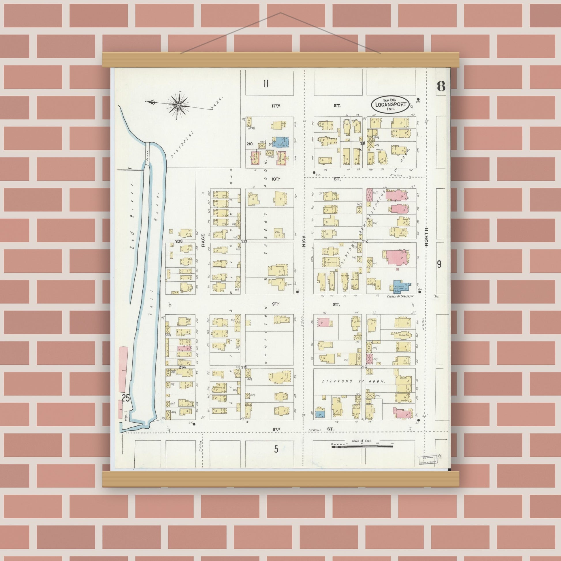 Old map wall art mockup — magnetic wood frame on brick wall — Sanborn Fire Insurance Map from Logansport, Cass County, Indiana (1906), Sheet #0008