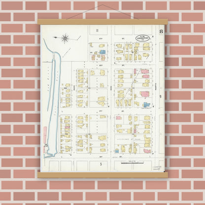 Old map wall art mockup — magnetic wood frame on brick wall — Sanborn Fire Insurance Map from Logansport, Cass County, Indiana (1906), Sheet #0008