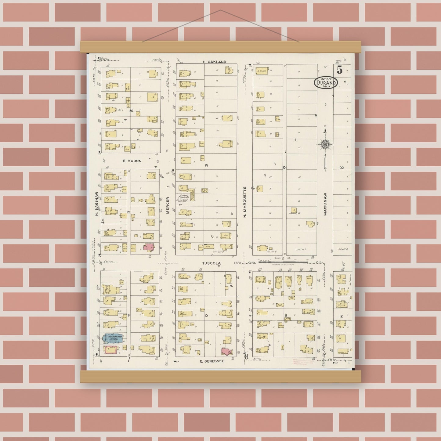 Old map wall art mockup — magnetic wood frame on brick wall — Sanborn Fire Insurance Map from Durand, Shiawassee County, Michigan (1922), Sheet #0005