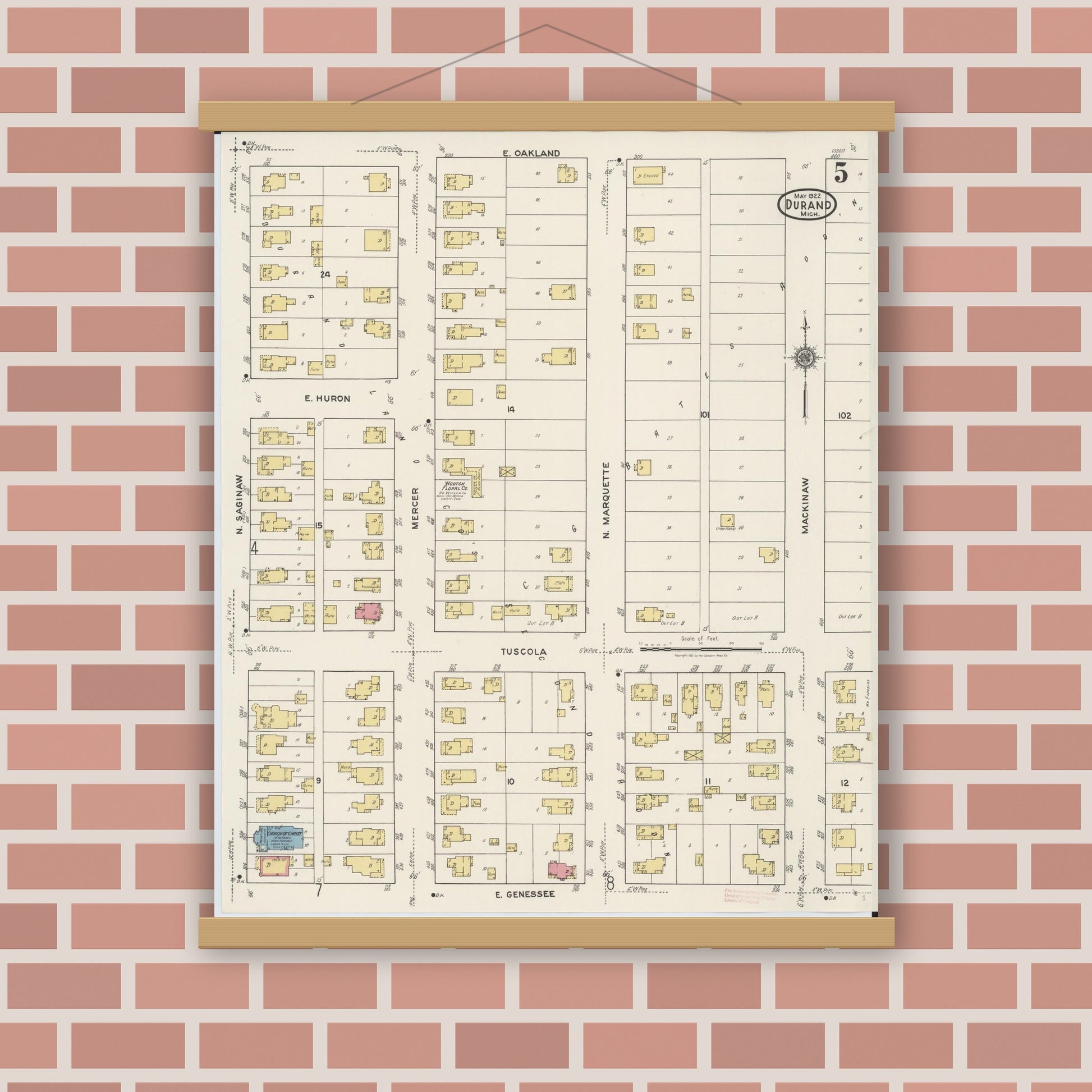 Old map wall art mockup — magnetic wood frame on brick wall — Sanborn Fire Insurance Map from Durand, Shiawassee County, Michigan (1922), Sheet #0005