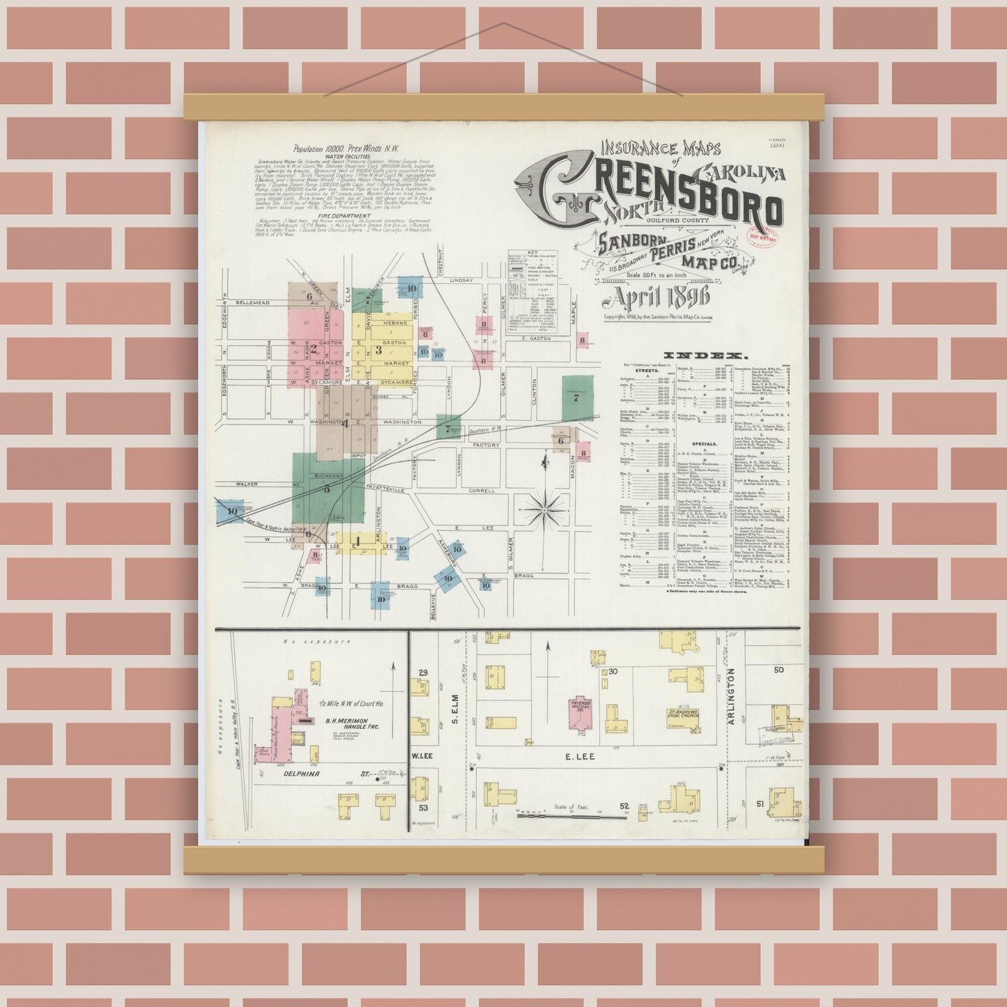 Old map wall art mockup — magnetic wood frame on brick wall — Sanborn Fire Insurance Map from Greensboro, Guilford County, North Carolina (1896), Sheet #0001