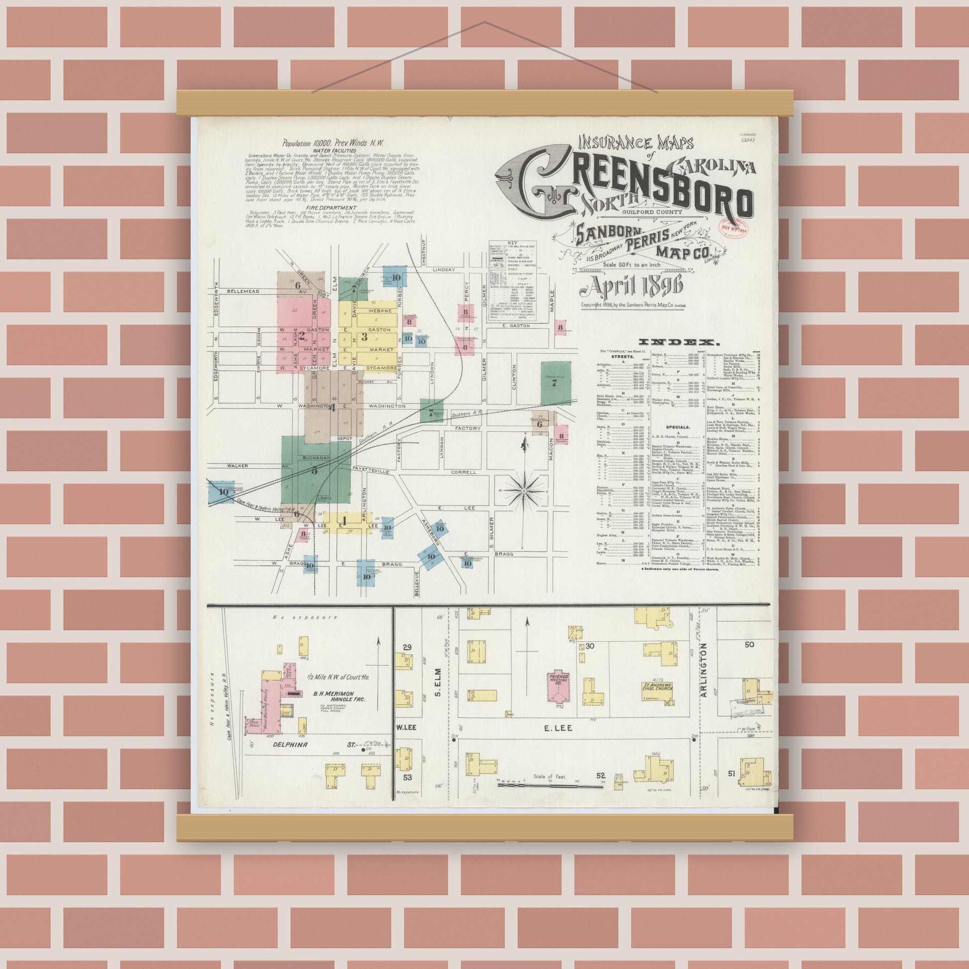 Old map wall art mockup — magnetic wood frame on brick wall — Sanborn Fire Insurance Map from Greensboro, Guilford County, North Carolina (1896), Sheet #0001
