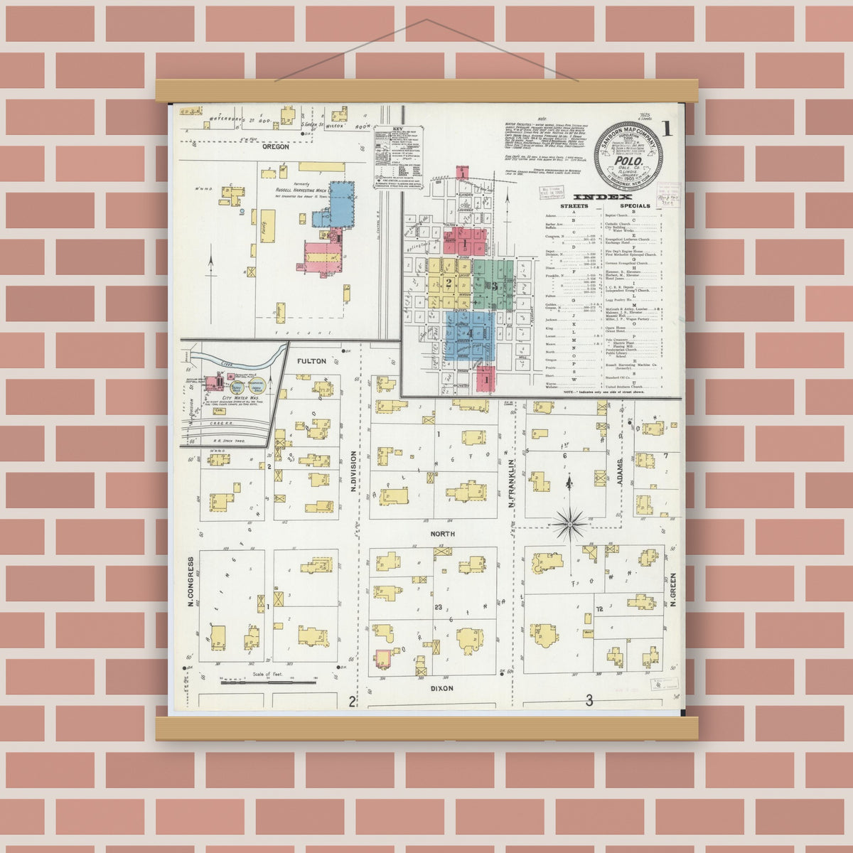 Old map wall art mockup — magnetic wood frame on brick wall — Sanborn Fire Insurance Map from Polo, Ogle County, Illinois (1905), Sheet #0001