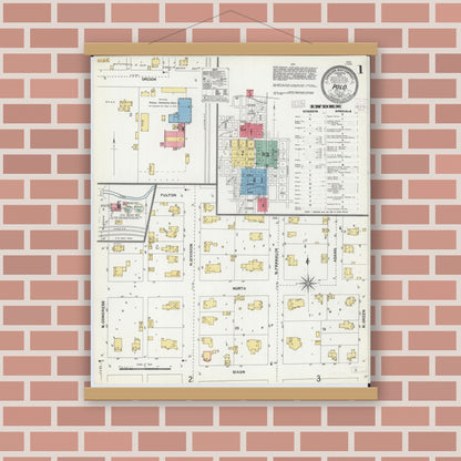 Old map wall art mockup — magnetic wood frame on brick wall — Sanborn Fire Insurance Map from Polo, Ogle County, Illinois (1905), Sheet #0001