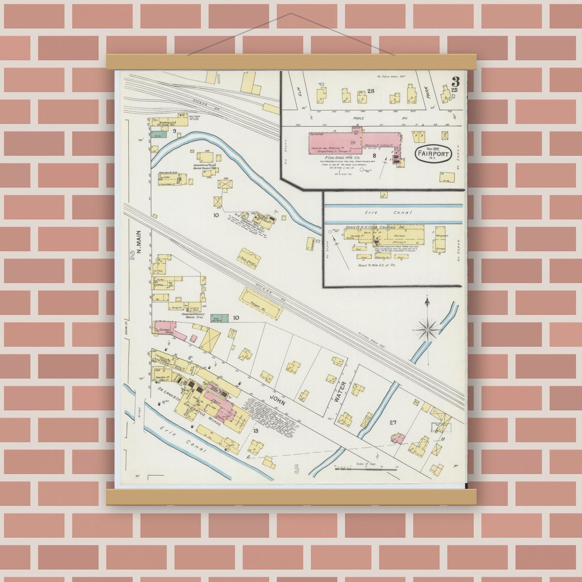 Old map wall art mockup — magnetic wood frame on brick wall — Sanborn Fire Insurance Map from Fairport, Monroe County, New York (1892), Sheet #0003