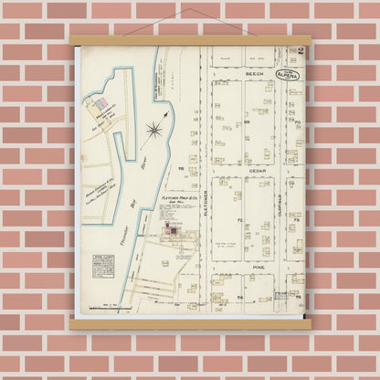 Old map wall art mockup — magnetic wood frame on brick wall — Sanborn Fire Insurance Map from Alpena, Alpena County, Michigan (1884), Sheet #0002